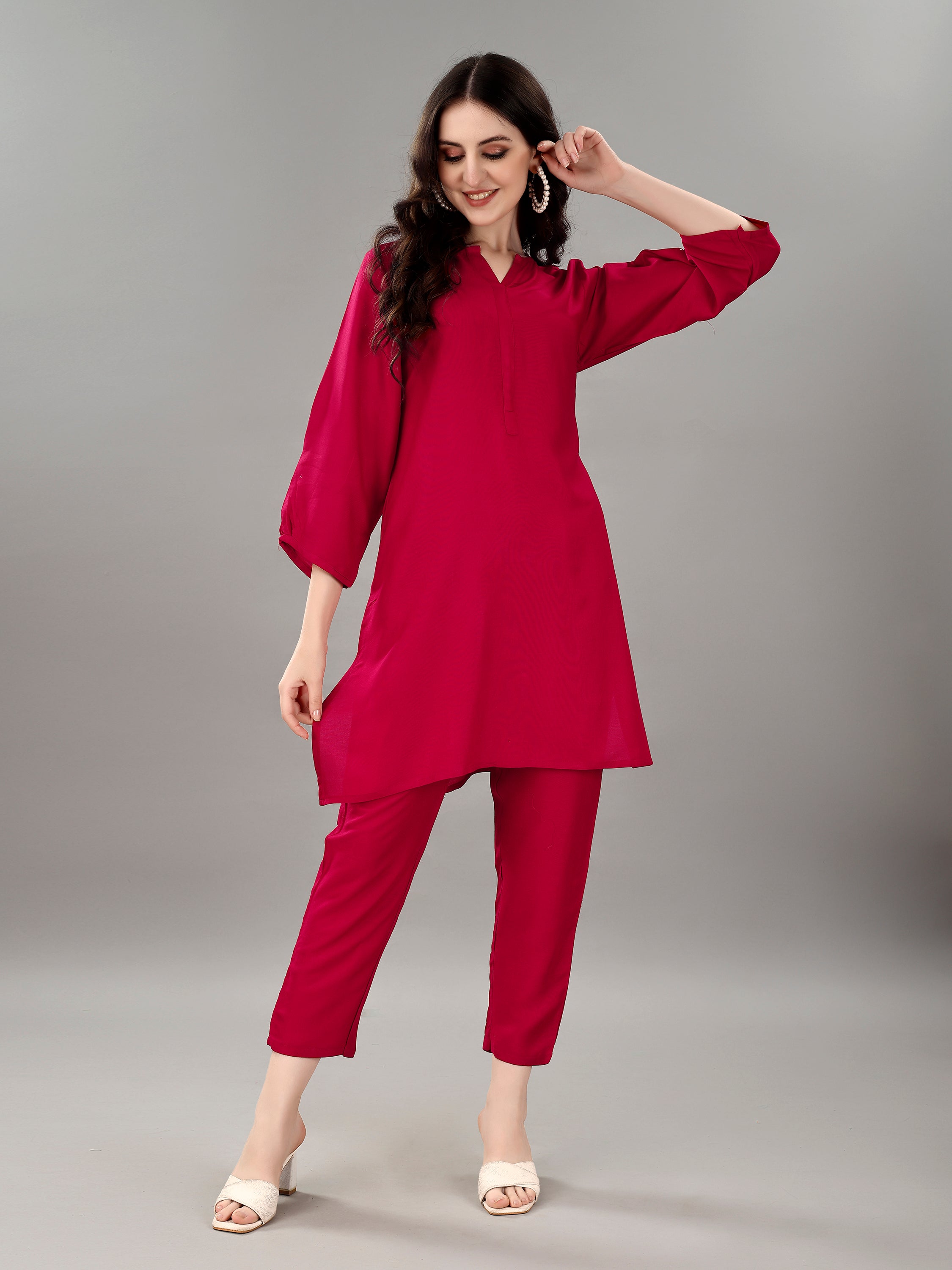 Women's V Neck Knee Length 3/4 Sleeves Solid Rayon Co-ords Set (Rani)