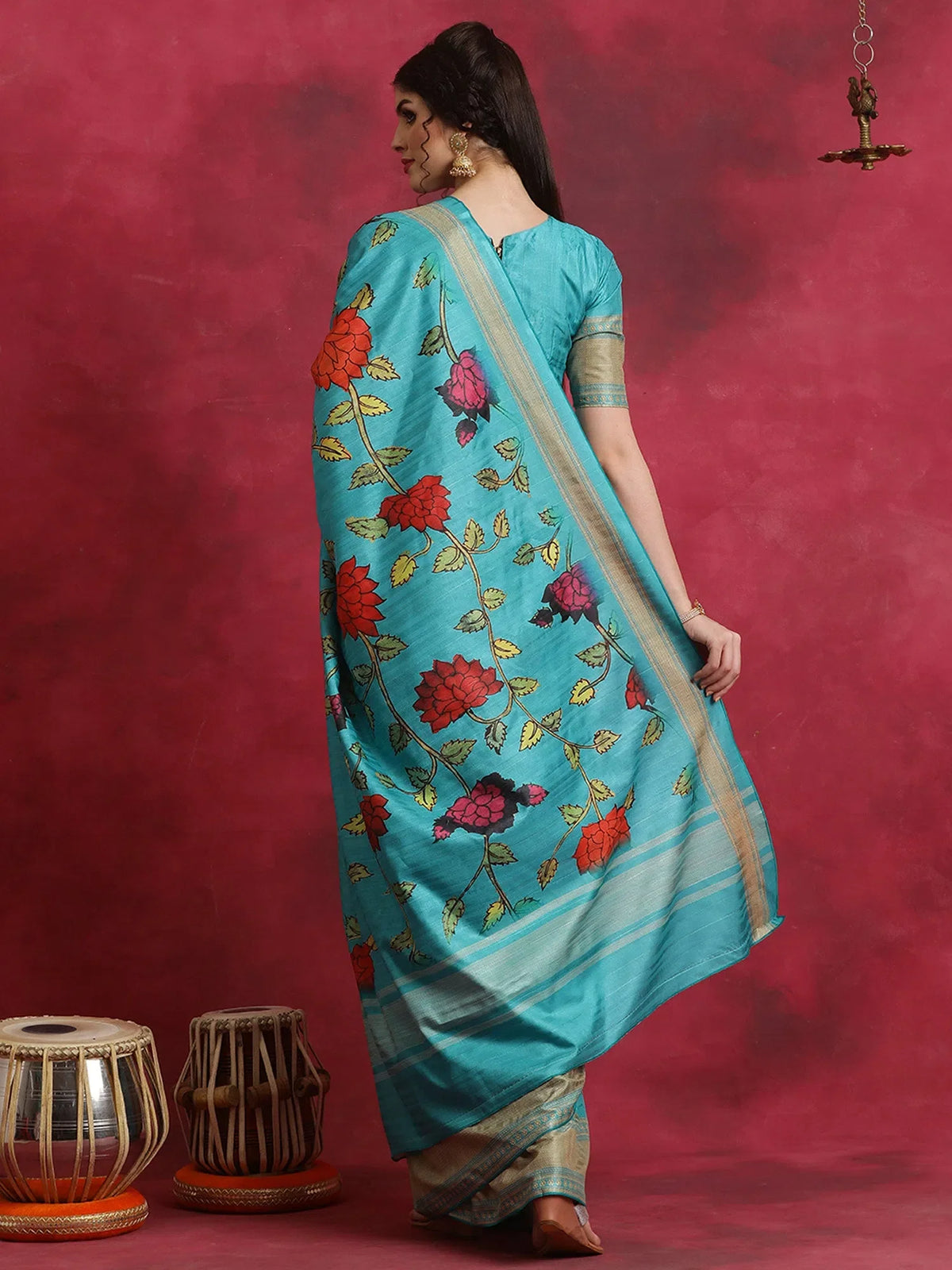 Women's Cotton Blend Blue Printed Designer Saree With Blouse Piece-HIBRO103A