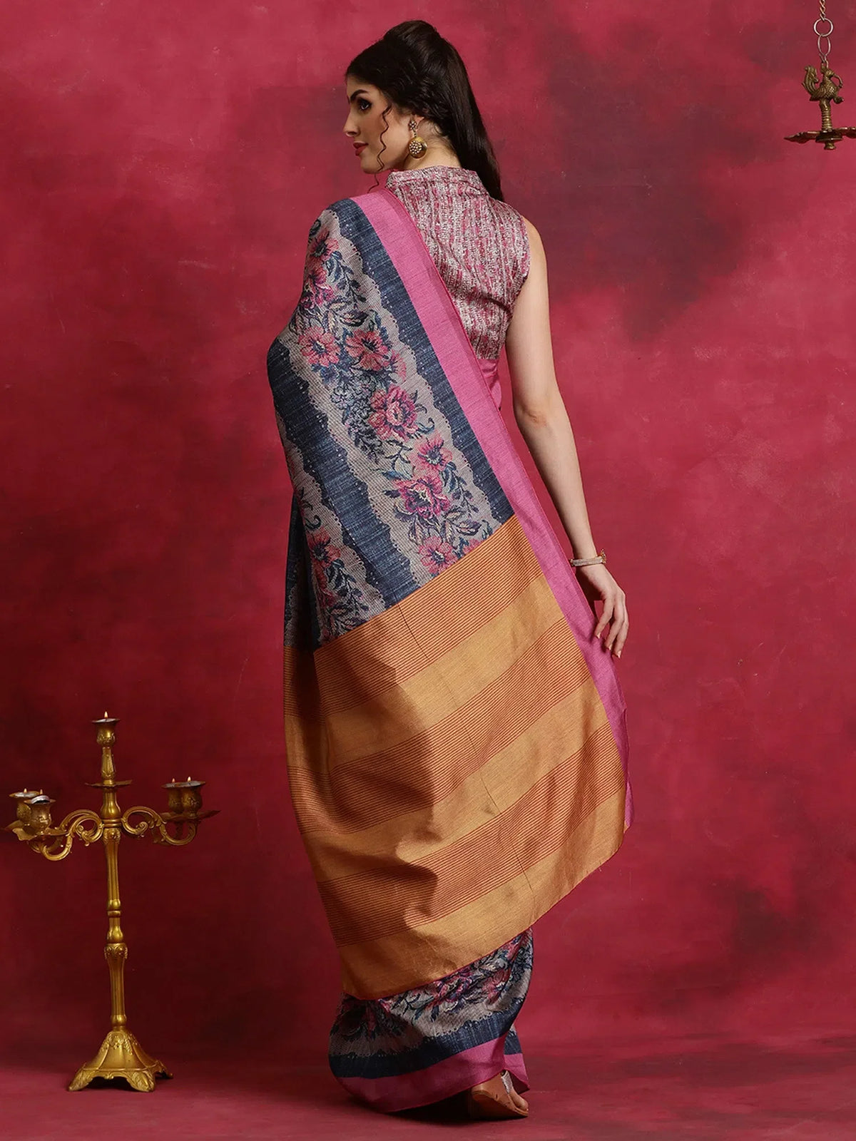 Women's Cotton Blend Navy Blue Printed Designer Saree With Blouse Piece-HIBRO106C