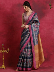 Women's Cotton Blend Navy Blue Printed Designer Saree With Blouse Piece-HIBRO106C