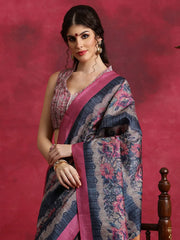 Women's Cotton Blend Navy Blue Printed Designer Saree With Blouse Piece-HIBRO106C