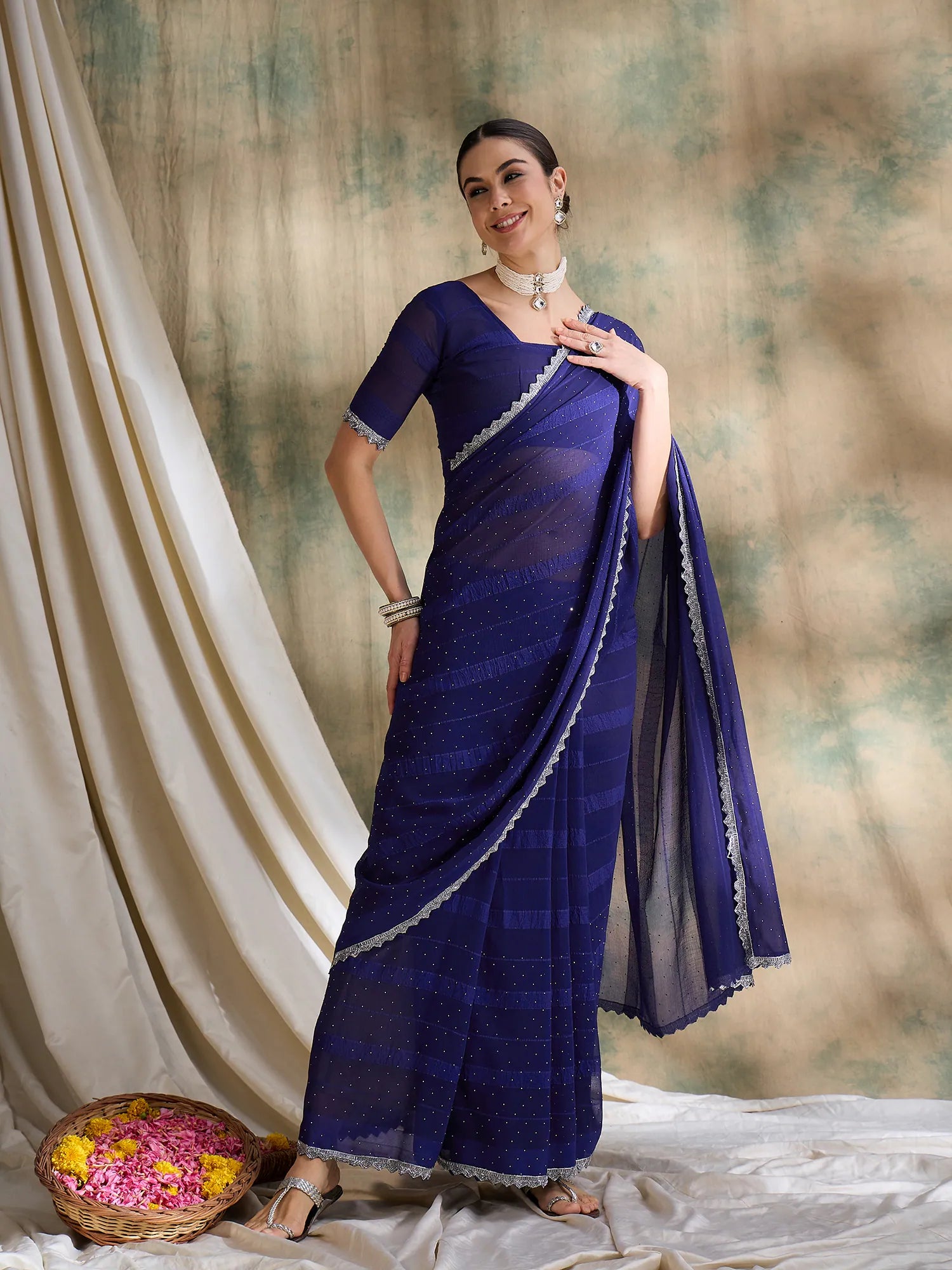 Blue Embellished Polyester Saree | Graceful Indian Sarees