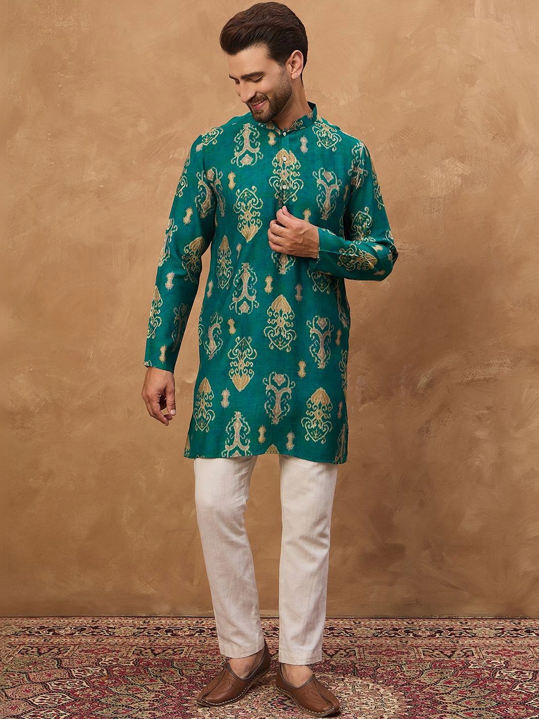 Ethnic Bay Men Blue Viscose Rayon Ikat Printed Straight Kurta With Pant Set-MKSET1546