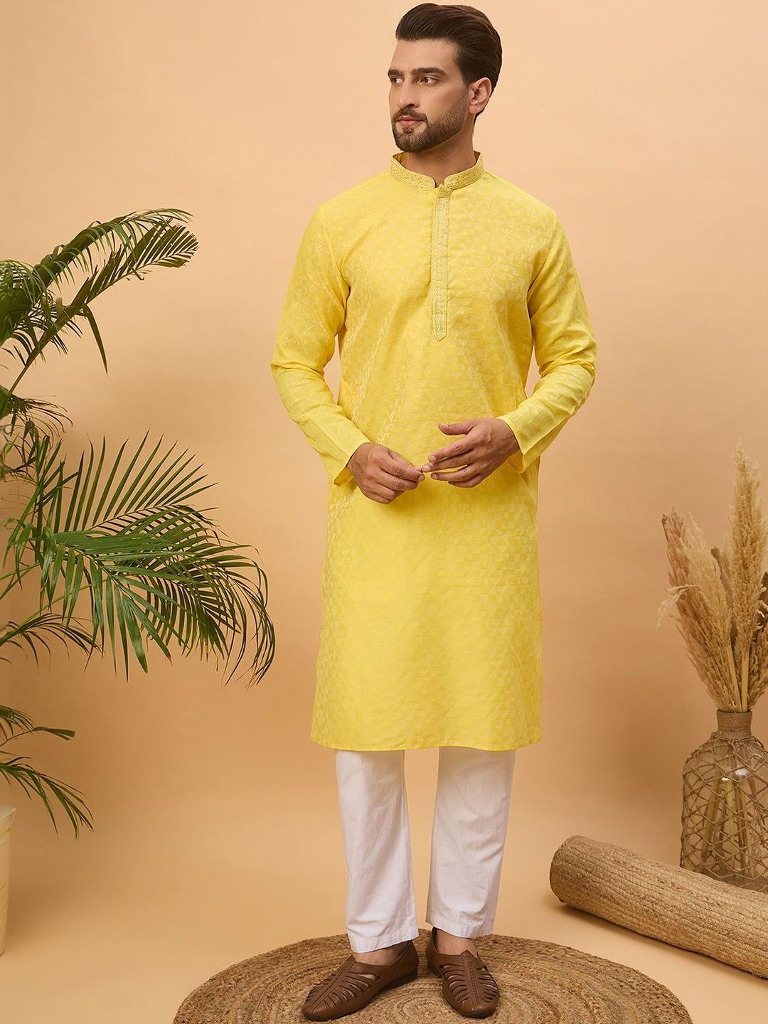 Ethnic Bay Men Yellow Silk Blend Solid Embroidered Straight Kurta With Pant Set-MKSET1455