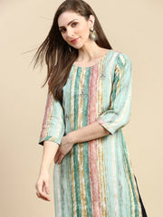 Women Striped Sea Green Straight Kurta-HO-1492-Seagreen