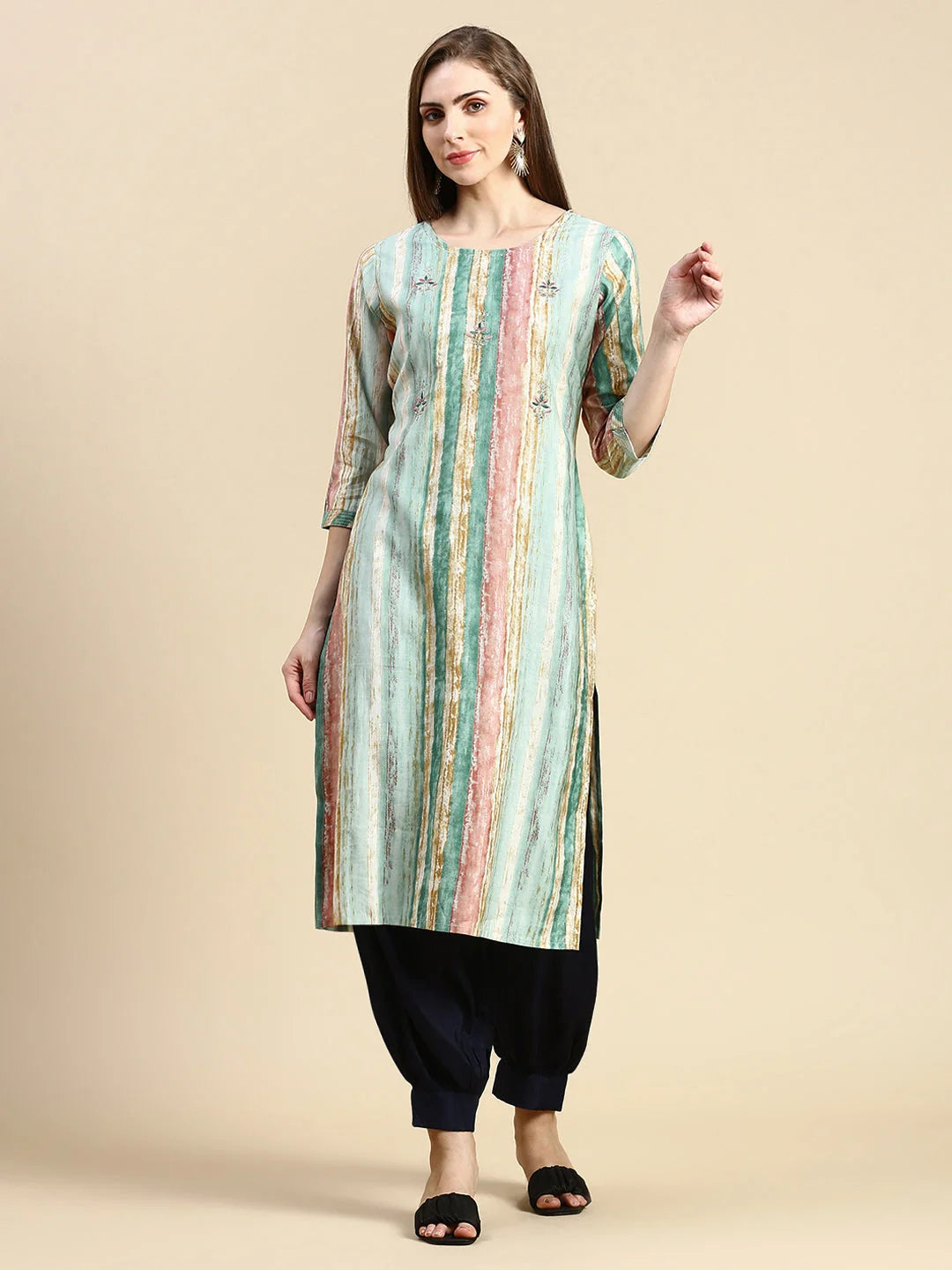 Sea Green Striped Viscose Kurta | Indian Kurtas for Women