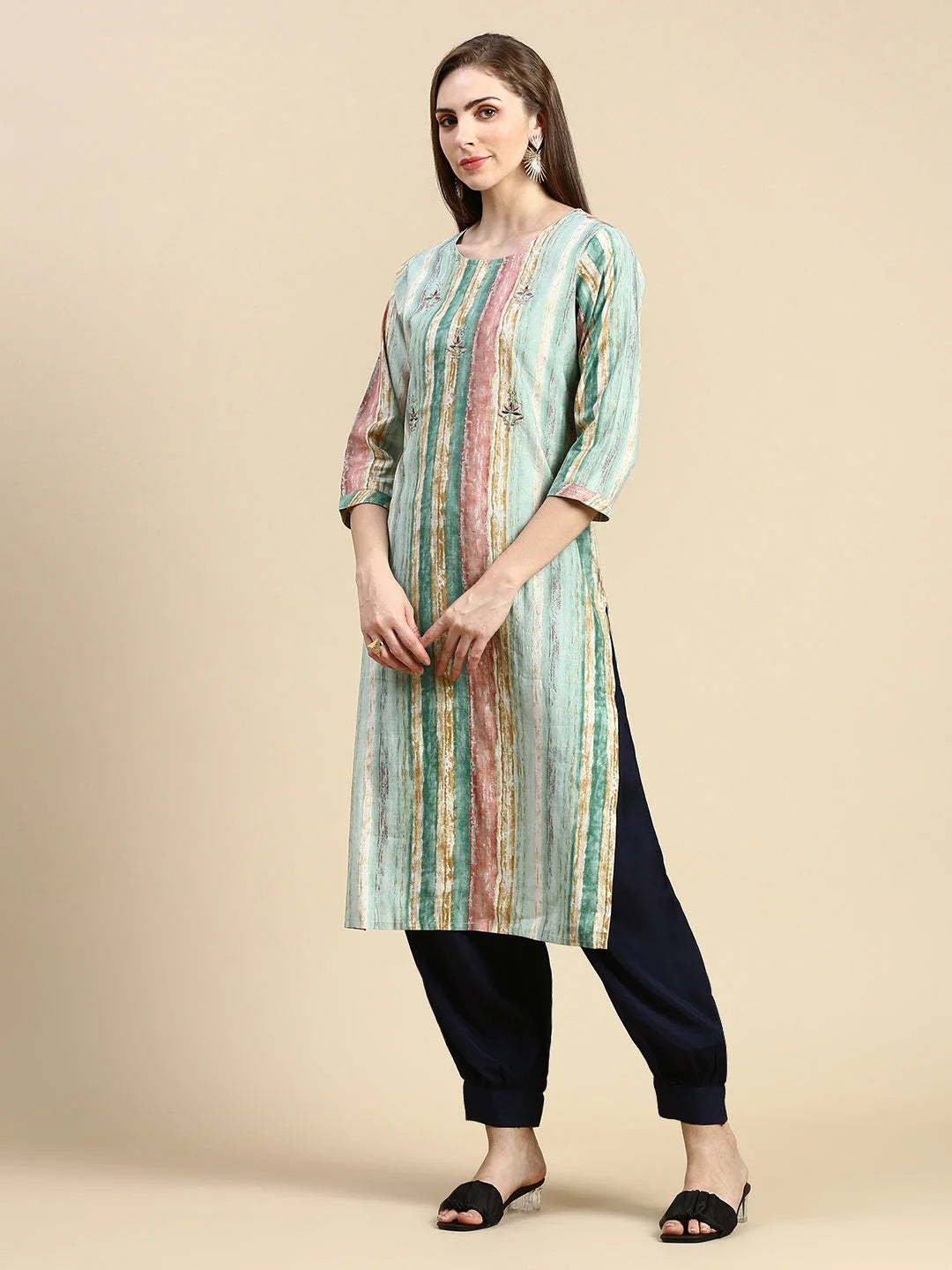 Sea Green Striped Viscose Kurta | Indian Kurtas for Women