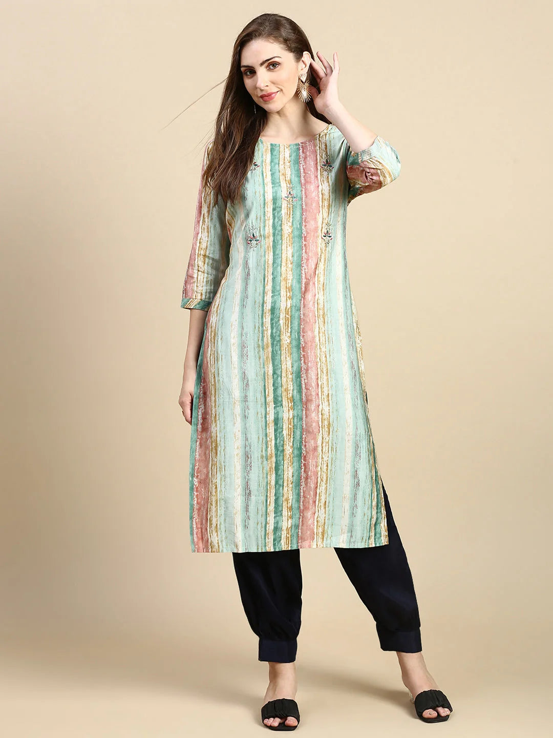 Sea Green Striped Viscose Kurta | Indian Kurtas for Women