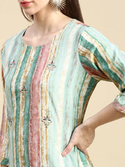 Women Striped Sea Green Straight Kurta-HO-1492-Seagreen
