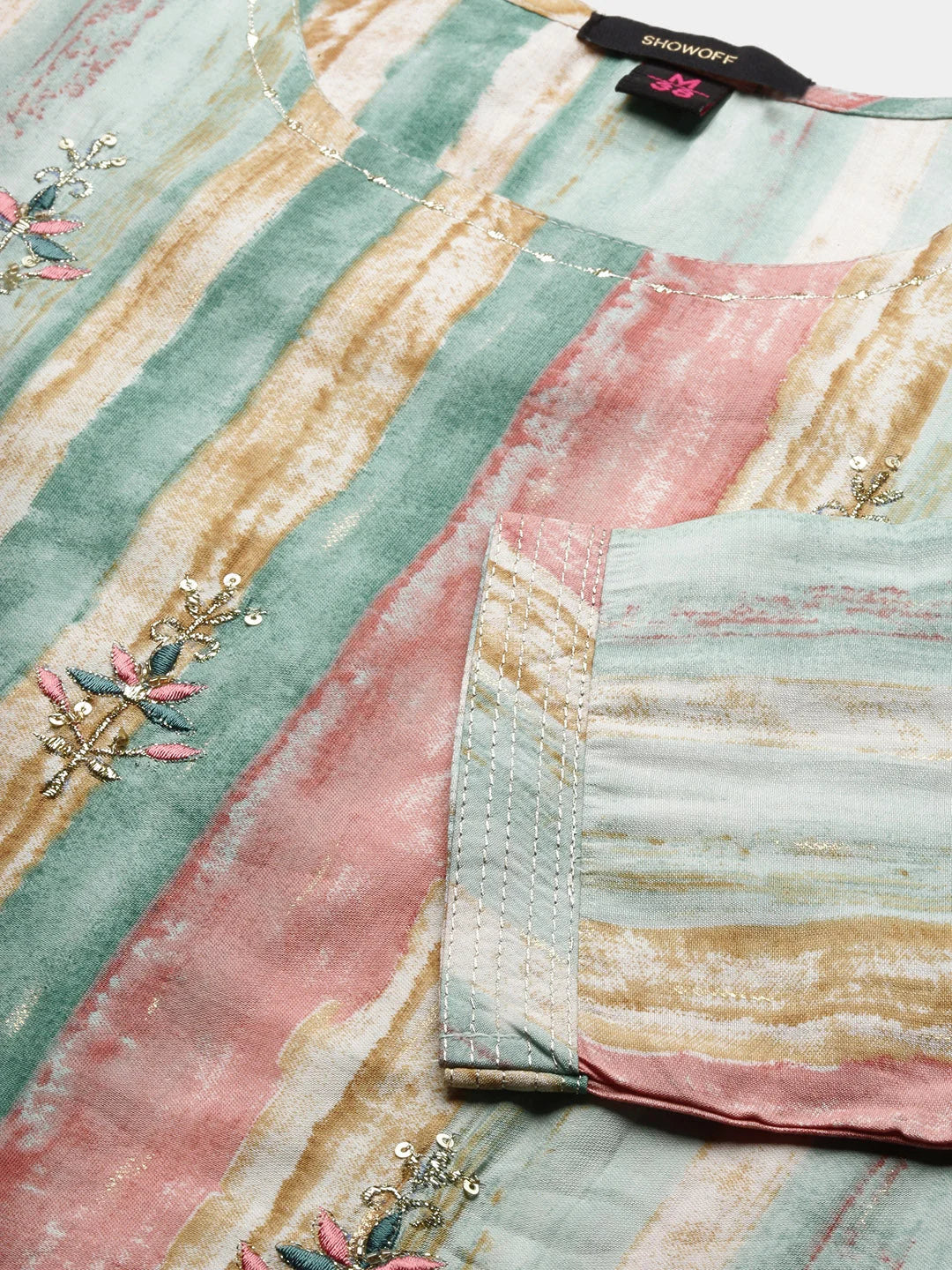 Sea Green Striped Viscose Kurta | Indian Kurtas for Women