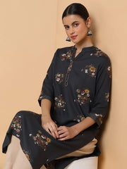 Women Straight Black Floral Kurta-HO-2729-Black