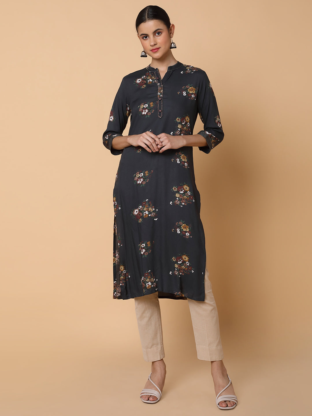 Black Floral Cotton Kurta - Women's Indian Kurta Collection