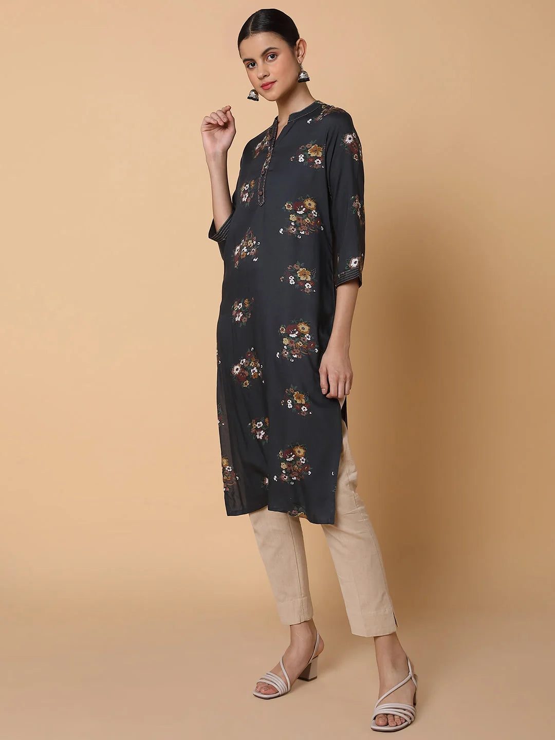 Black Floral Cotton Kurta - Women's Indian Kurta Collection