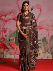 Women's Brasso Navy Blue Printed Designer Saree With Blouse Piece-VENICBS40116