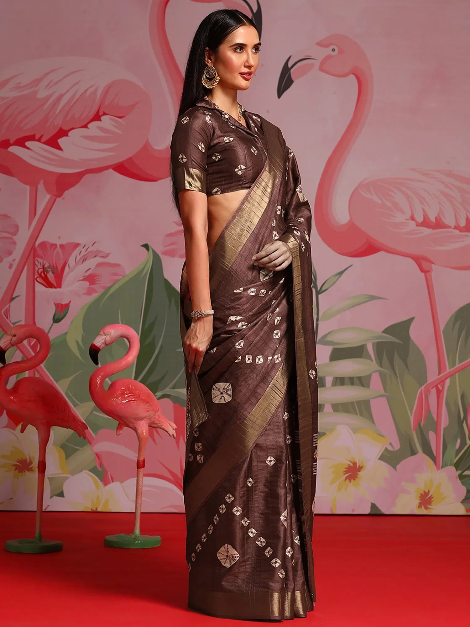 Coffee Brown Printed Polyester Saree | Indian Sarees