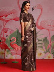 Women's Brasso Navy Blue Printed Designer Saree With Blouse Piece-VENICBS40116