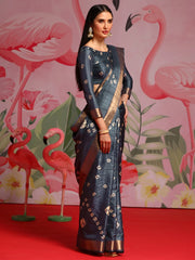 Women's  Blend Grey Printed Designer Saree With Blouse Piece-HOLAND201C