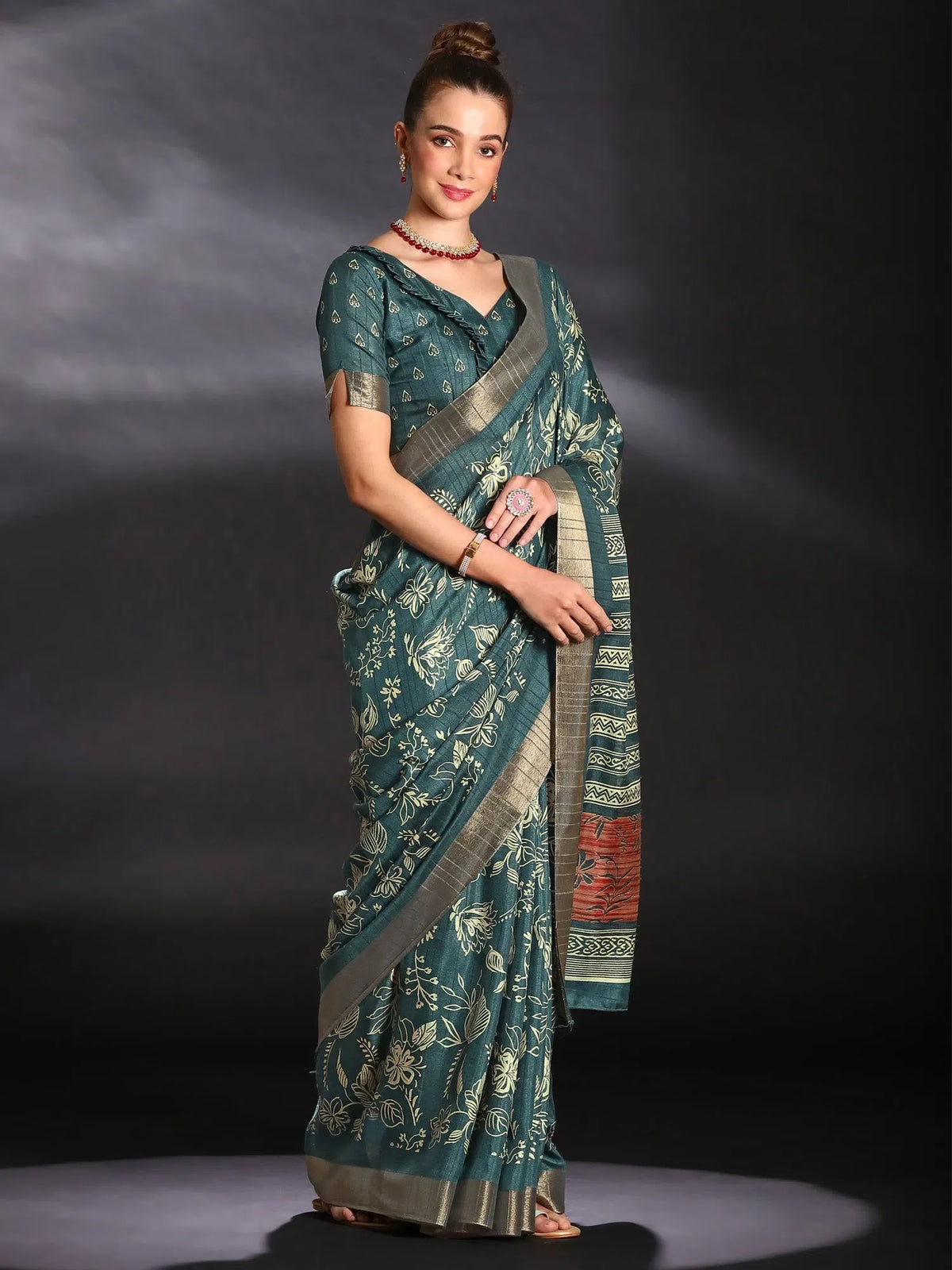 Women's  Blend Teal Blue Printed Designer Saree With Blouse Piece-HOLAND27A