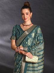 Women's  Blend Teal Blue Printed Designer Saree With Blouse Piece-HOLAND27A