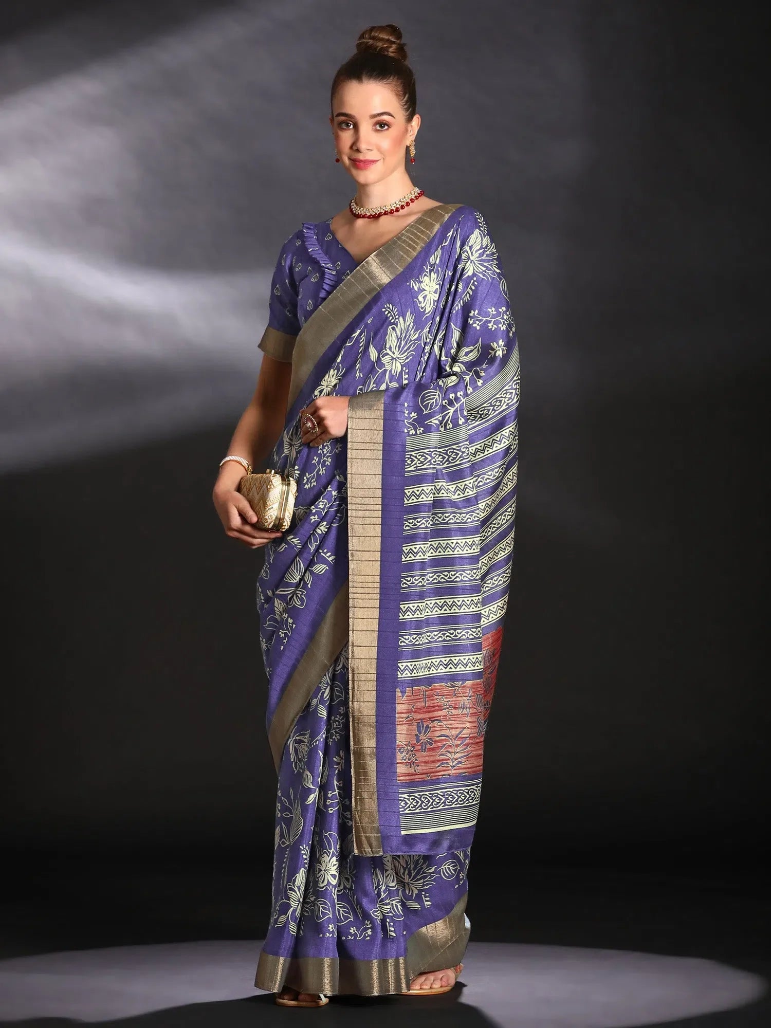 Purple Printed Indian Sari - Designer Polyester Saree