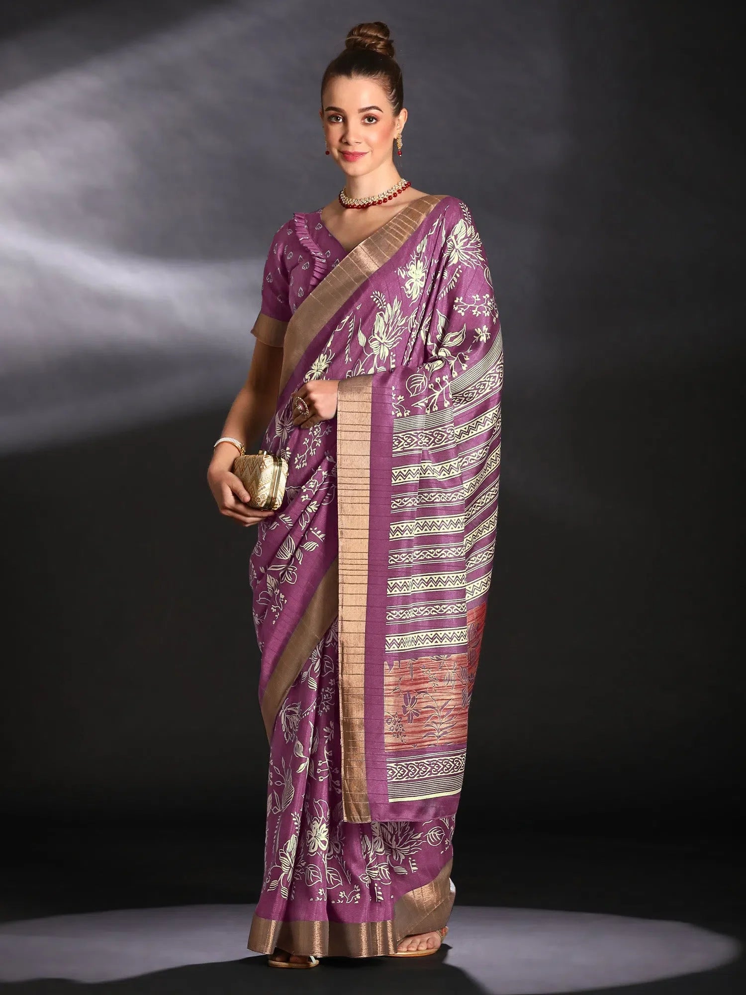 Magenta Printed Polyester Saree – Stylish Indian Wedding Saree