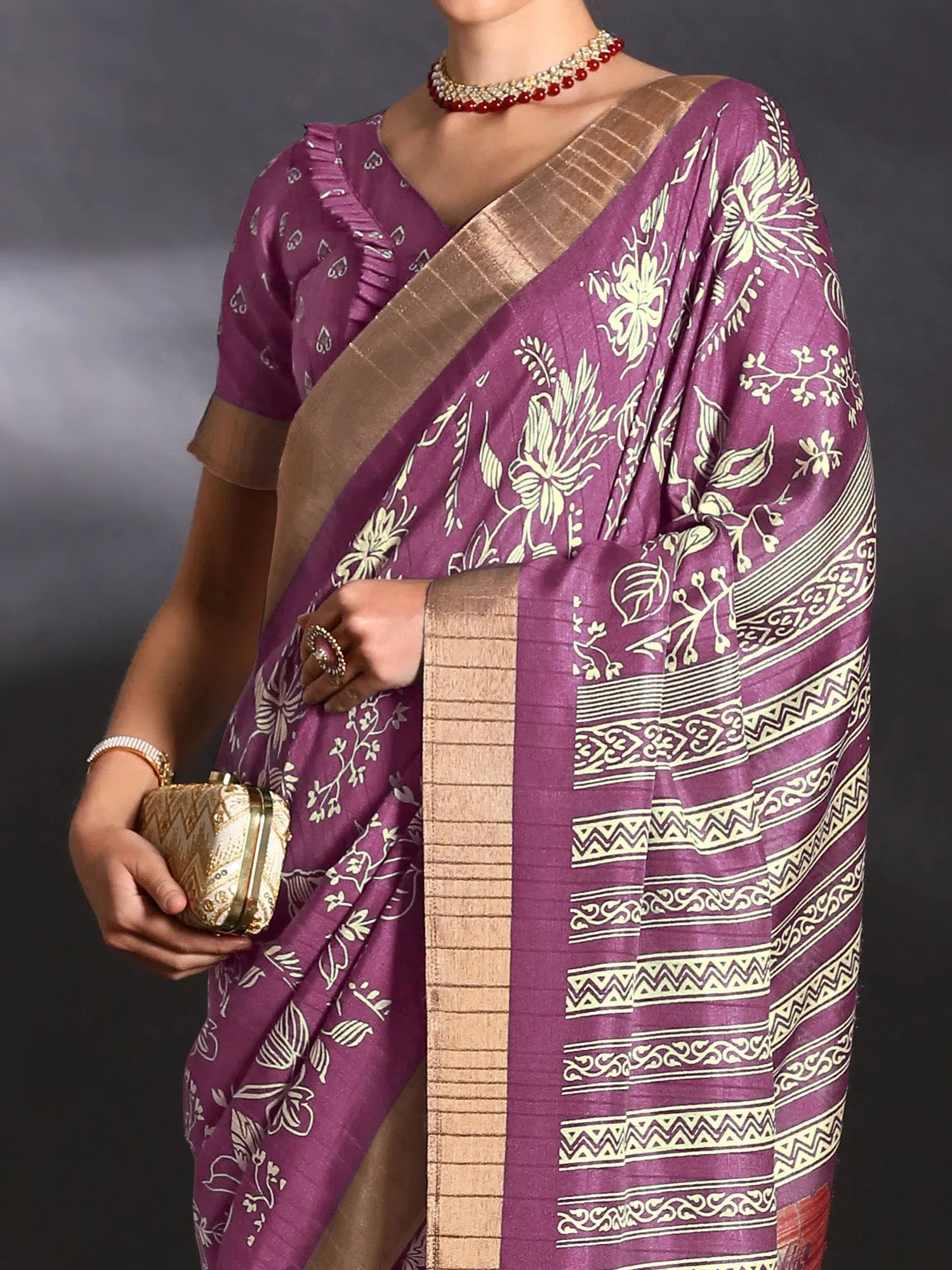 Magenta Printed Polyester Saree – Stylish Indian Wedding Saree