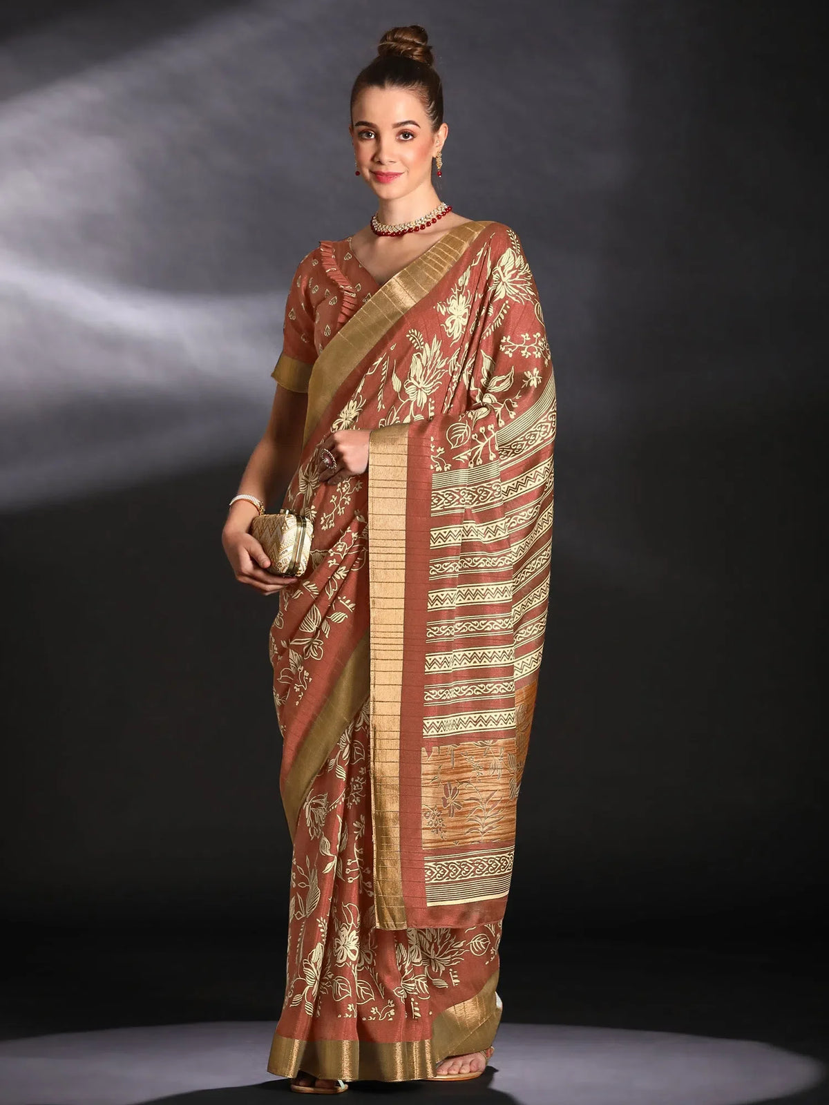 Women's  Blend Brown Printed Designer Saree With Blouse Piece-HOLAND27G