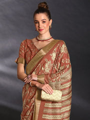 Women's  Blend Brown Printed Designer Saree With Blouse Piece-HOLAND27G