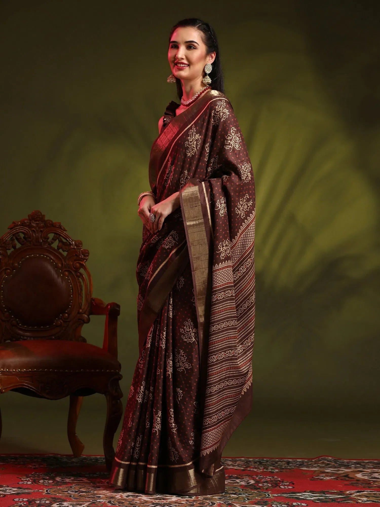 Brown Printed Polyester Saree | Indian Sarees With Blouse