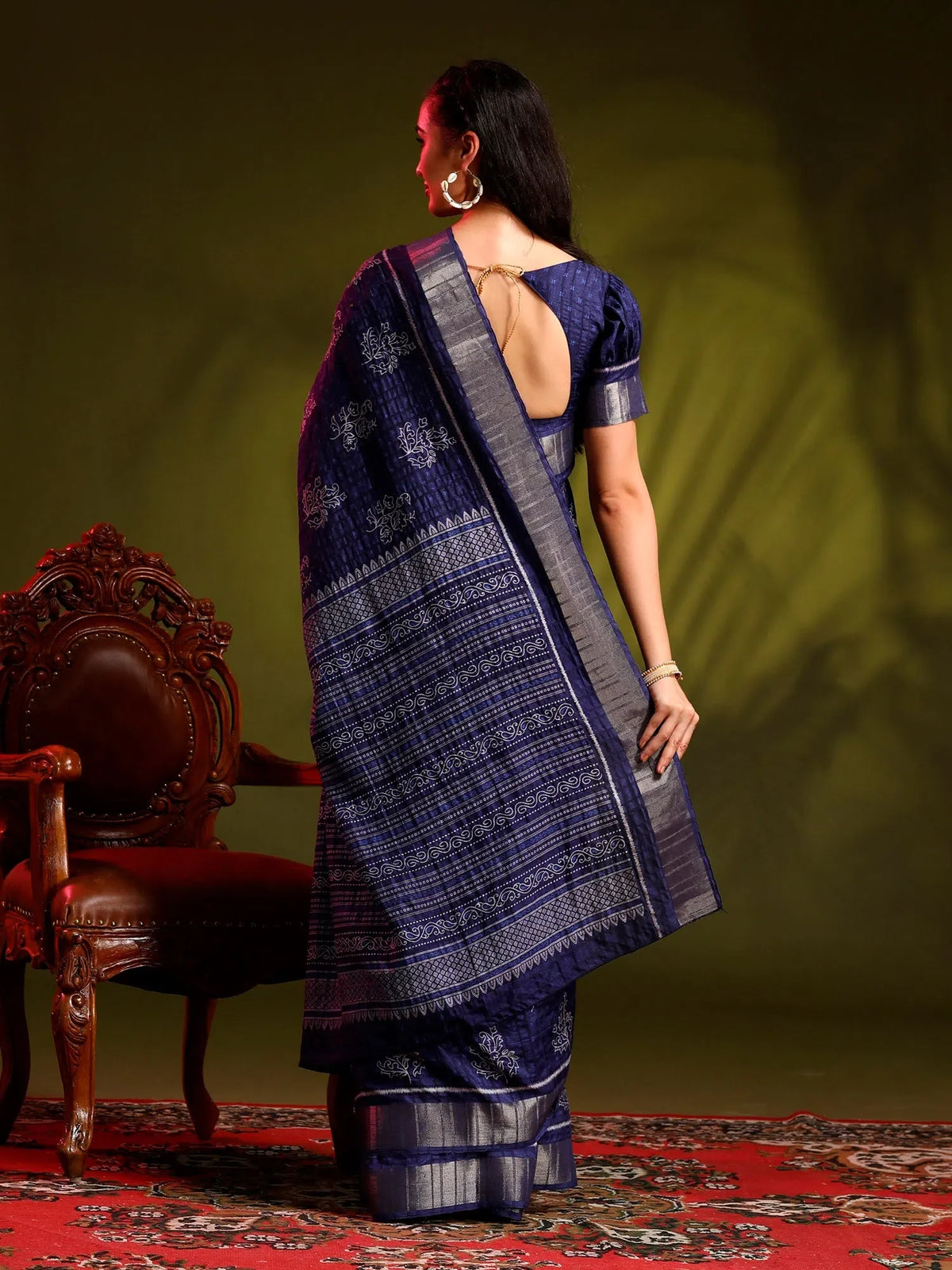 Women's  Blend Navy Blue Printed Designer Saree With Blouse Piece-HOLAND301B