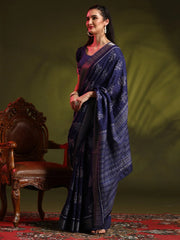 Women's  Blend Navy Blue Printed Designer Saree With Blouse Piece-HOLAND301B