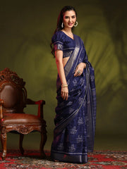 Women's  Blend Navy Blue Printed Designer Saree With Blouse Piece-HOLAND301B