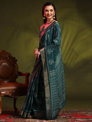 Women's  Blend Teal Blue Printed Designer Saree With Blouse Piece-HOLAND301C
