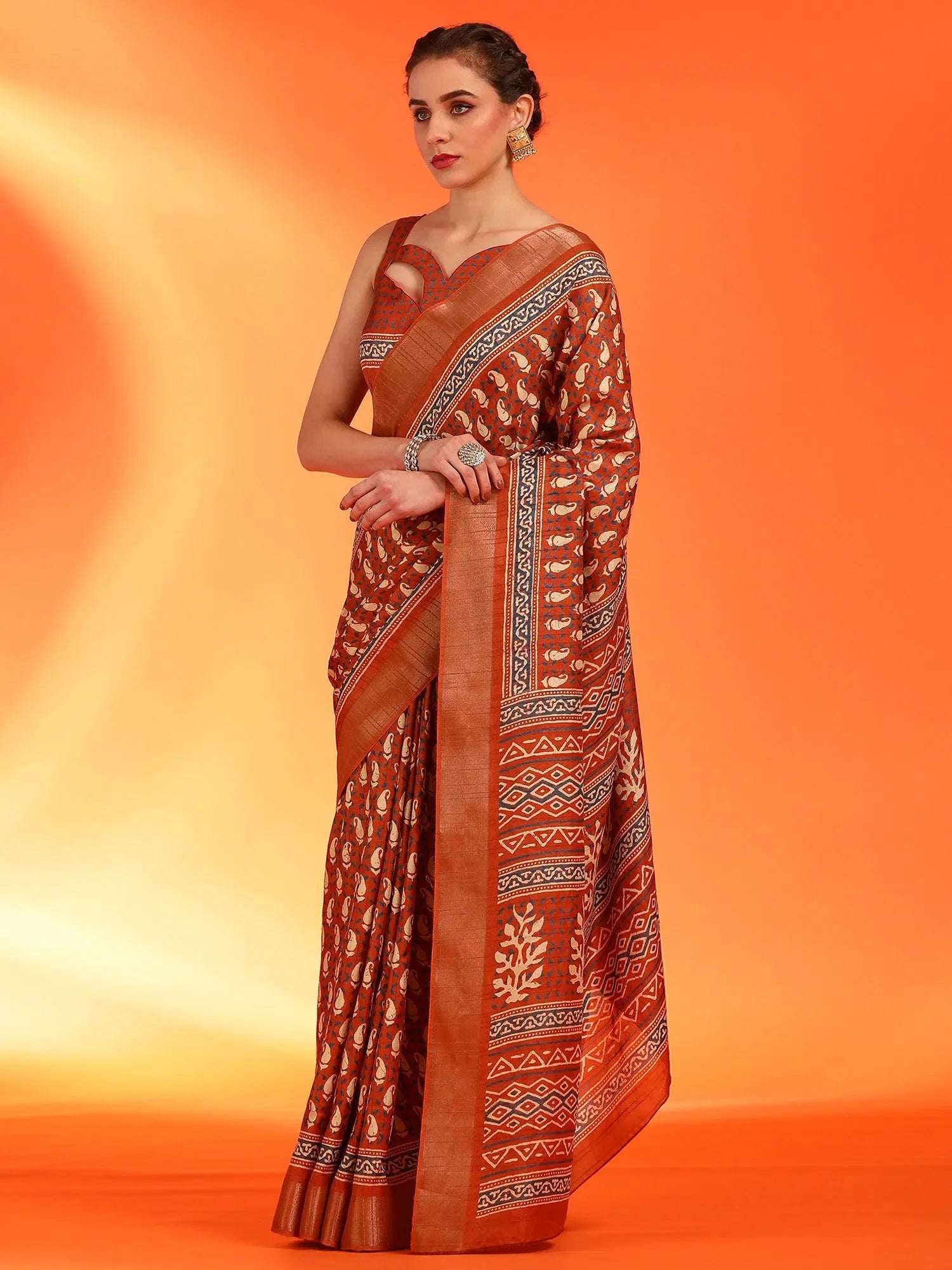 Orange Printed Polyester Saree | Indian Sari with Blouse
