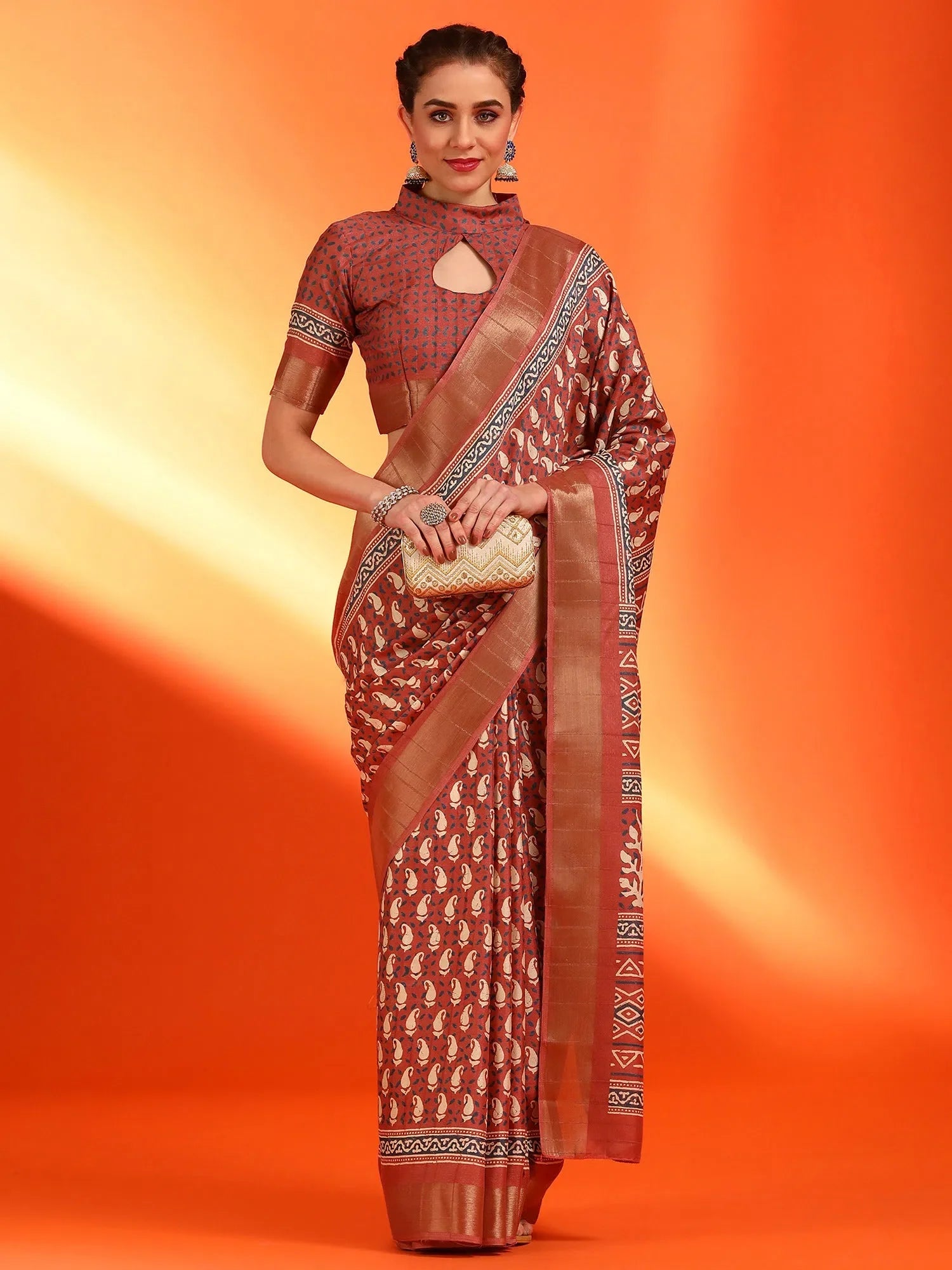 Rust Printed Polyester Saree - Designer Indian Sari