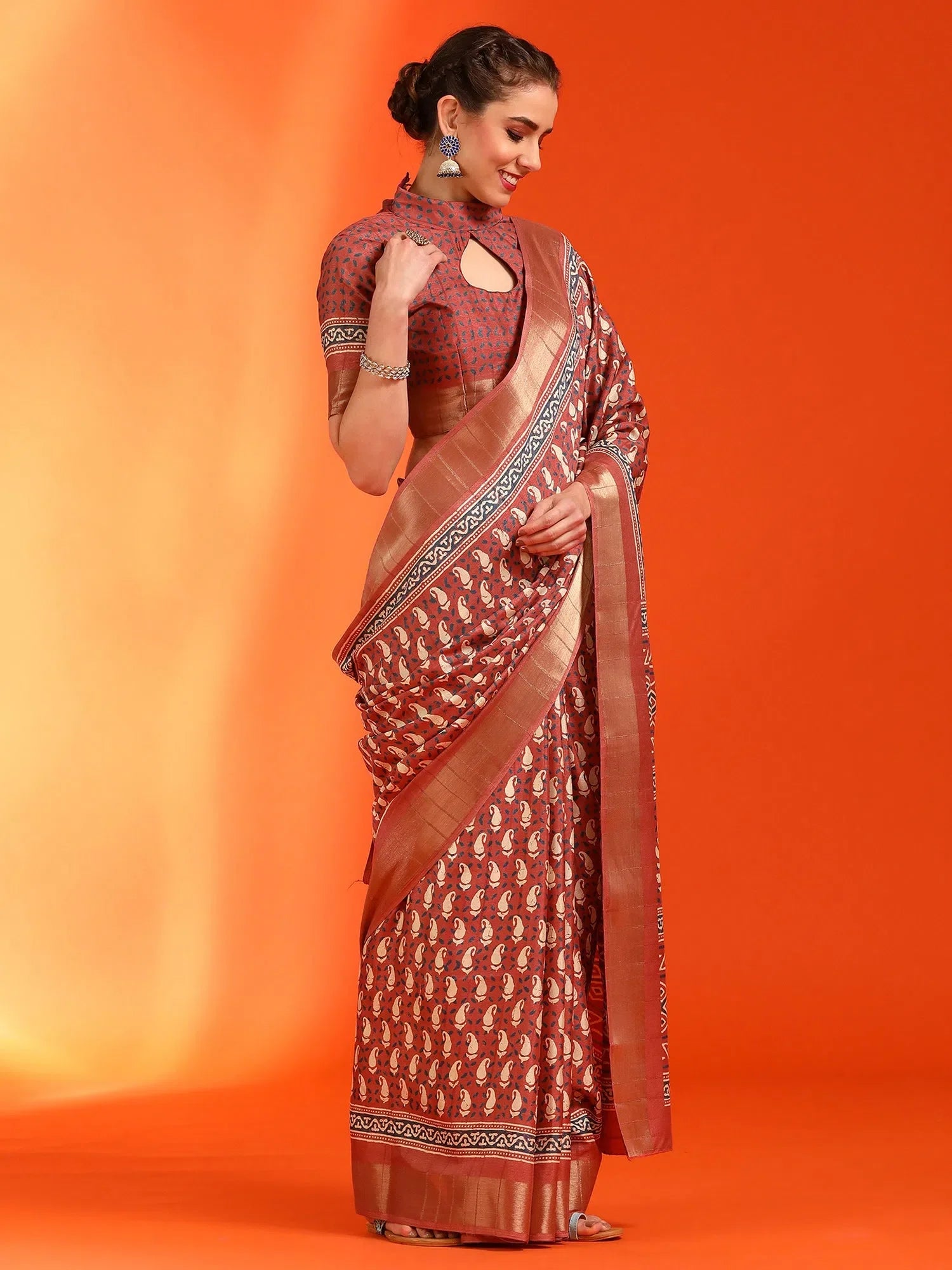 Rust Printed Polyester Saree - Designer Indian Sari