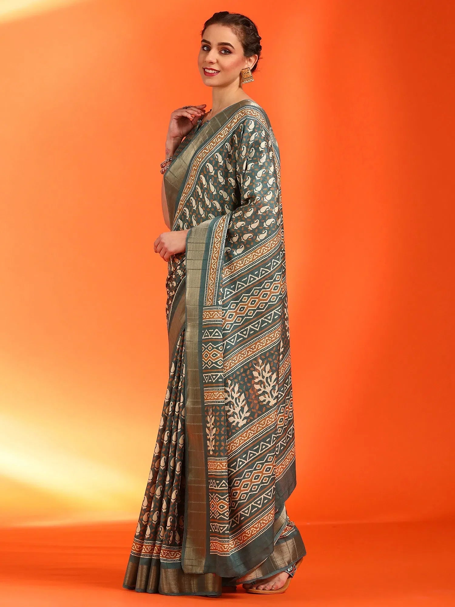 Sea Green Printed Indian Sari - Designer Polyester Saree