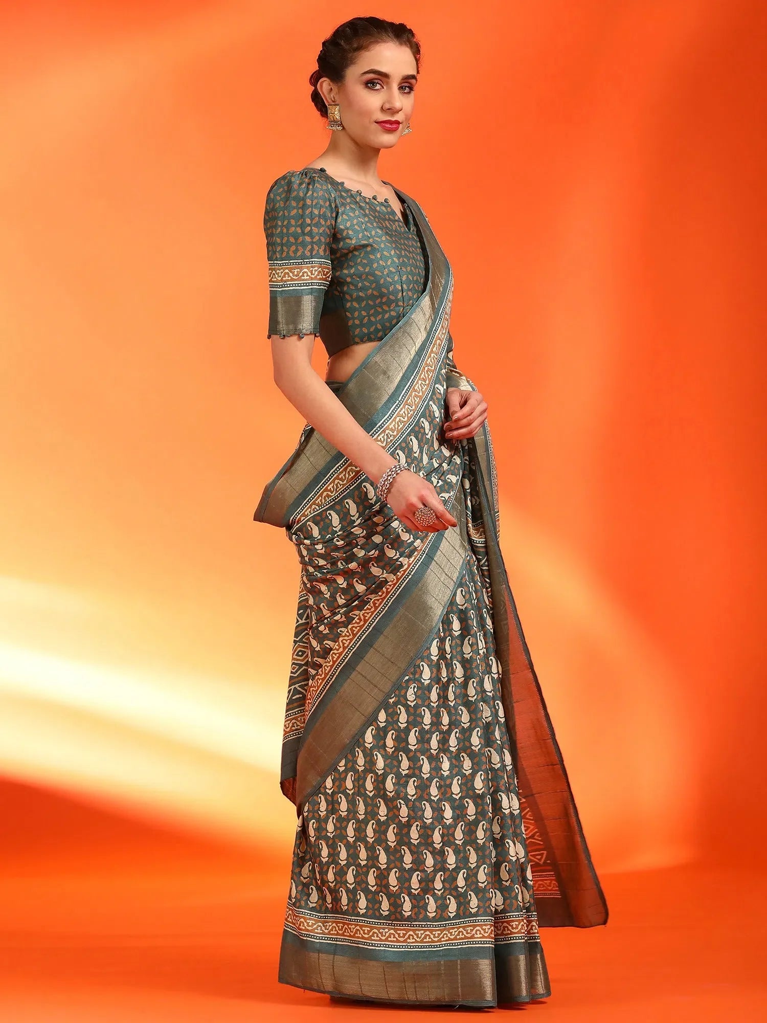 Sea Green Printed Indian Sari - Designer Polyester Saree