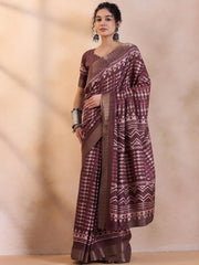Women's Cotton Blend Blue Printed Designer Saree With Blouse Piece-EAGLE02F