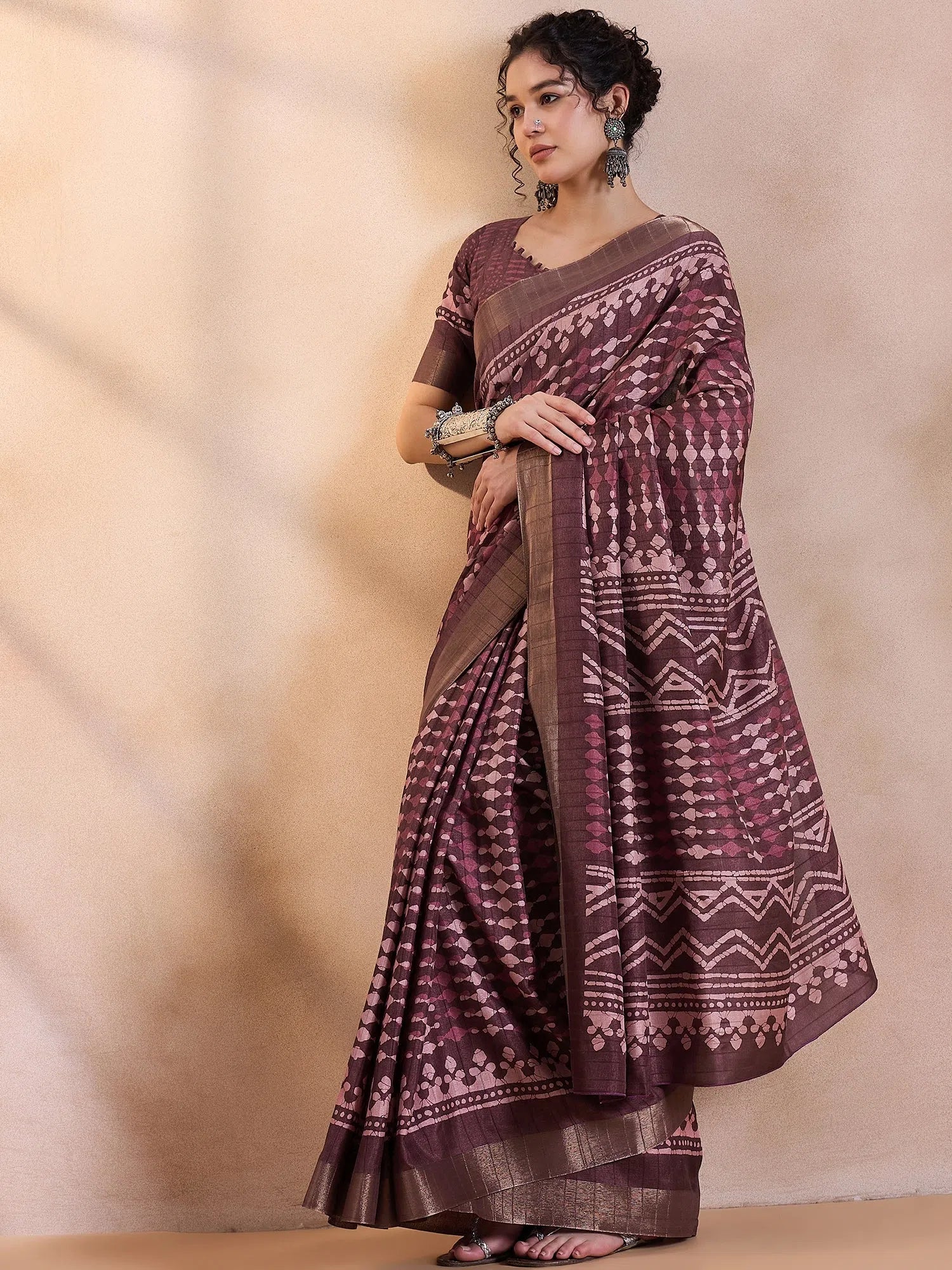 Brown Printed Polyester Saree | Indian Sarees