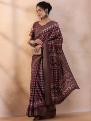 Women's Cotton Blend Blue Printed Designer Saree With Blouse Piece-EAGLE02F