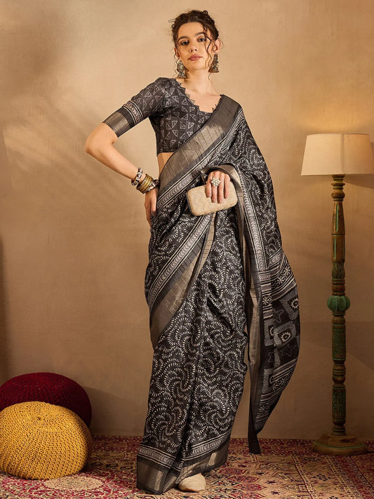 Women's Cotton Blend Blue Printed Designer Saree With Blouse Piece-HIBRO107D 1500