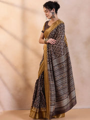 Women's Cotton Blend Grey Printed Designer Saree With Blouse Piece-RAGINI103