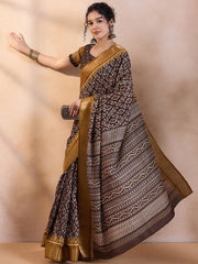 Women's Cotton Blend Grey Printed Designer Saree With Blouse Piece-RAGINI103