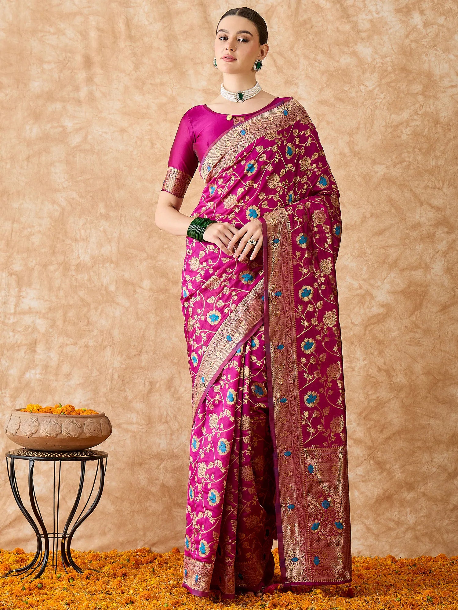Magenta Polyester Saree | Indian Sari & Banarasi Style