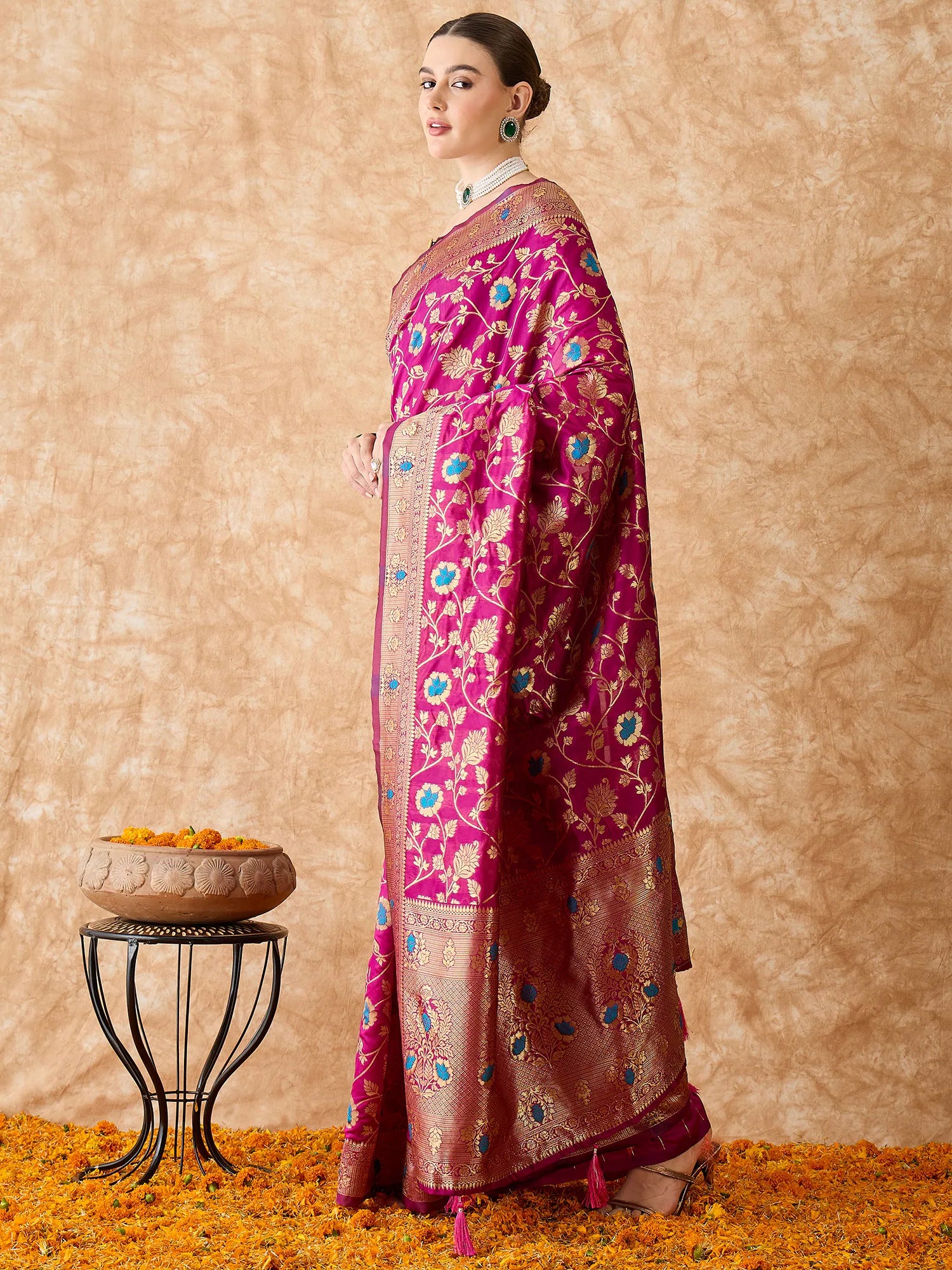 Magenta Polyester Saree | Indian Sari & Banarasi Style
