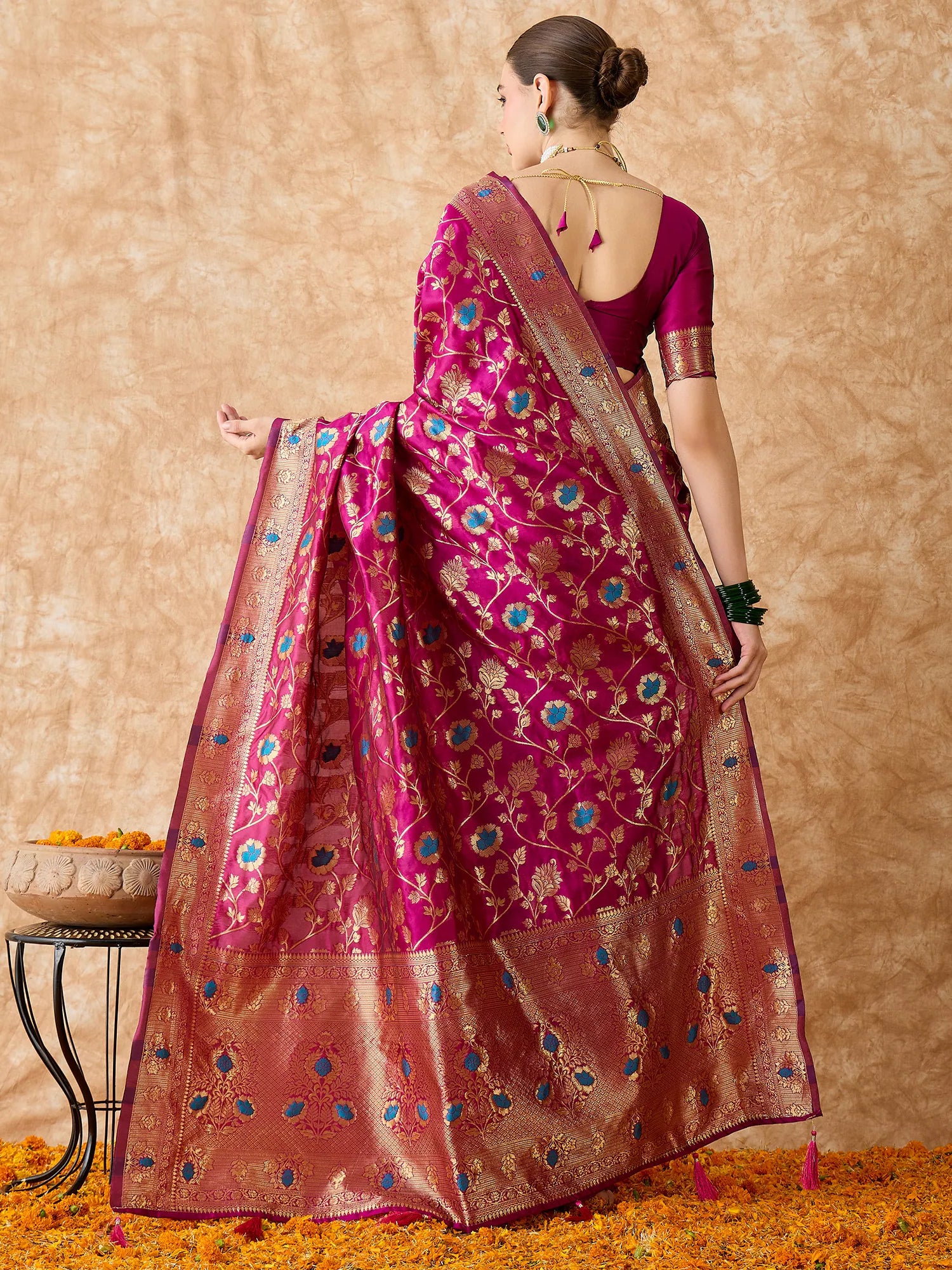 Magenta Polyester Saree | Indian Sari & Banarasi Style