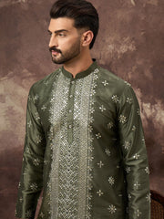 Ethnic Bay Men Green Silk Blend Solid Embroidered Straight Kurta With Pant Set-MKSET1419