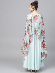 Aqua Blue Poly Silk Kurta With Attached Printed Dupatta-AHKUPSCFDP-785