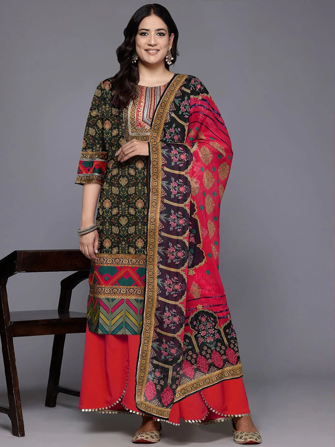 Floral Printed Round Neck Straight Kurta With Palazzos & Dupatta-AP-AHKUPZDU-COMBO-987